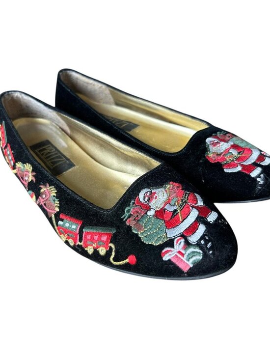 Vintage Shoes - Vintage Pritzi Black Velvet Women's Embroidered Christmas Flats Santa Train Sz 7